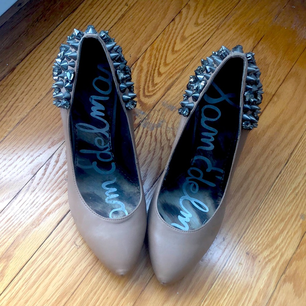 Spiked with metallic and glitzy detail, beige/neutral color Sam Edelman heels